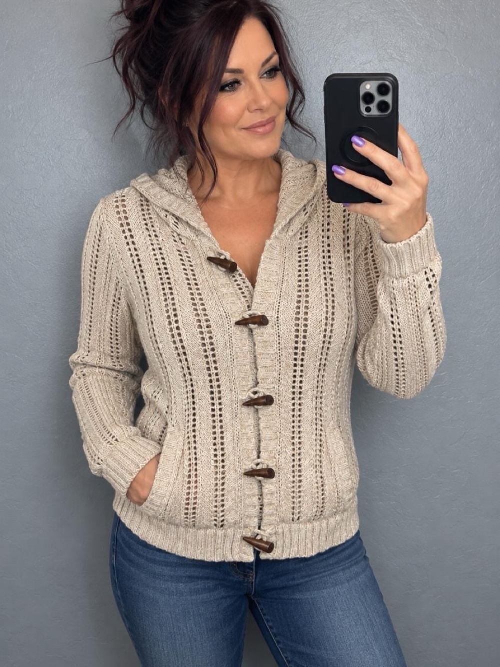 Mossimo Women’s Medium Cream Open Knit Hooded Cardigan Toggle Sweater